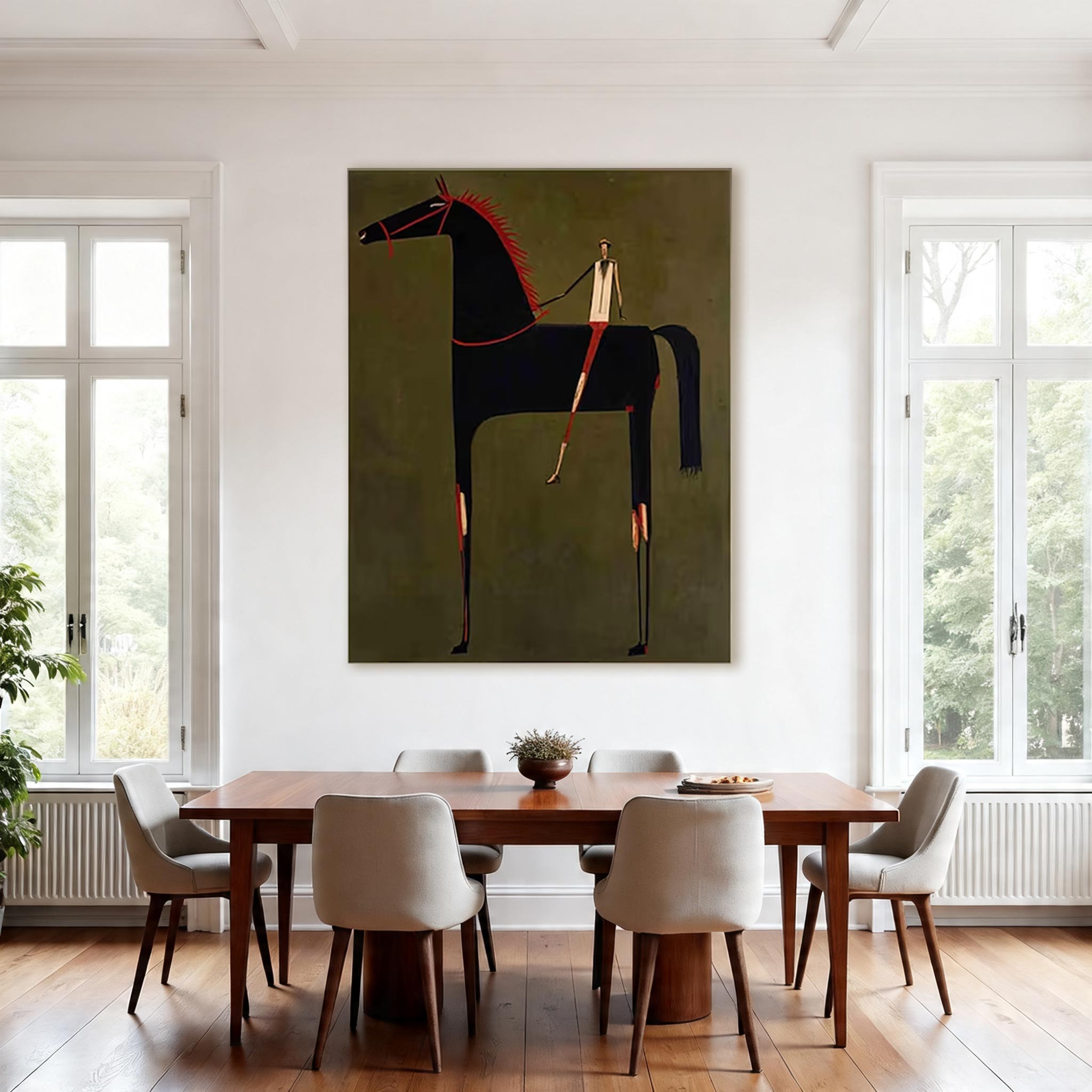 Minimalist Black Horse Wall Art – Modern Equestrian Canvas Painting with Red Accents #HA021