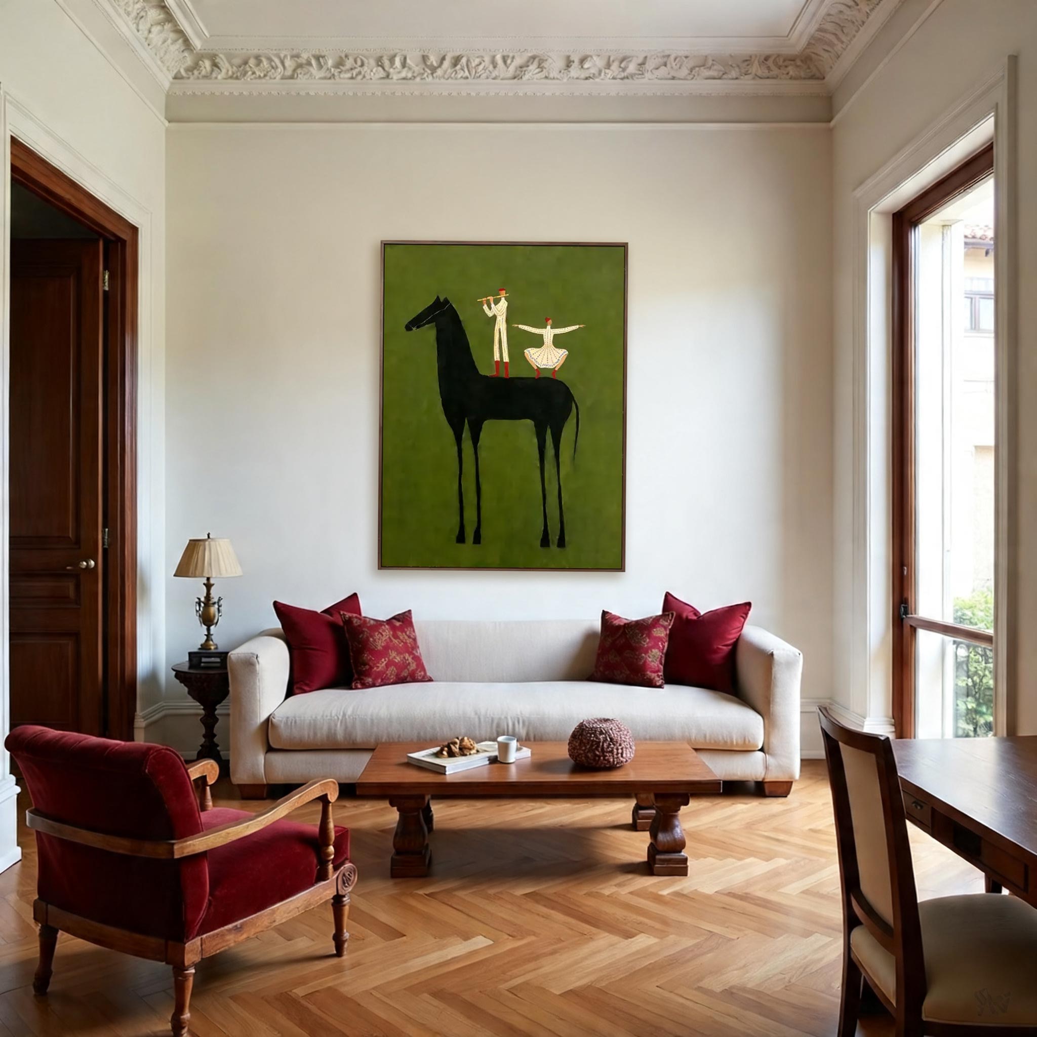 Minimalist Black Horse Wall Art – Artistic Equestrian Canvas with Dancing Figures #HA022