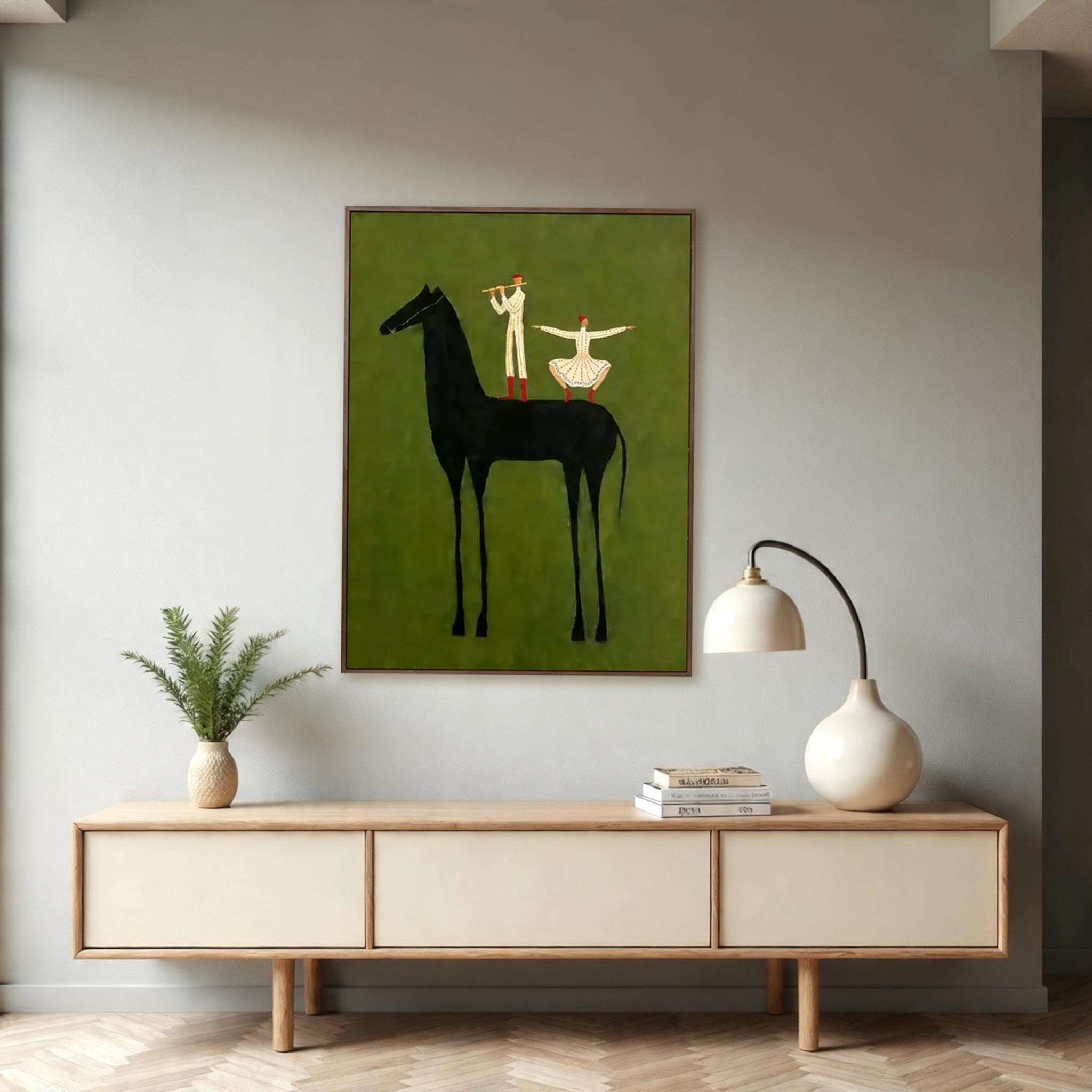 Minimalist Black Horse Wall Art – Artistic Equestrian Canvas with Dancing Figures #HA022