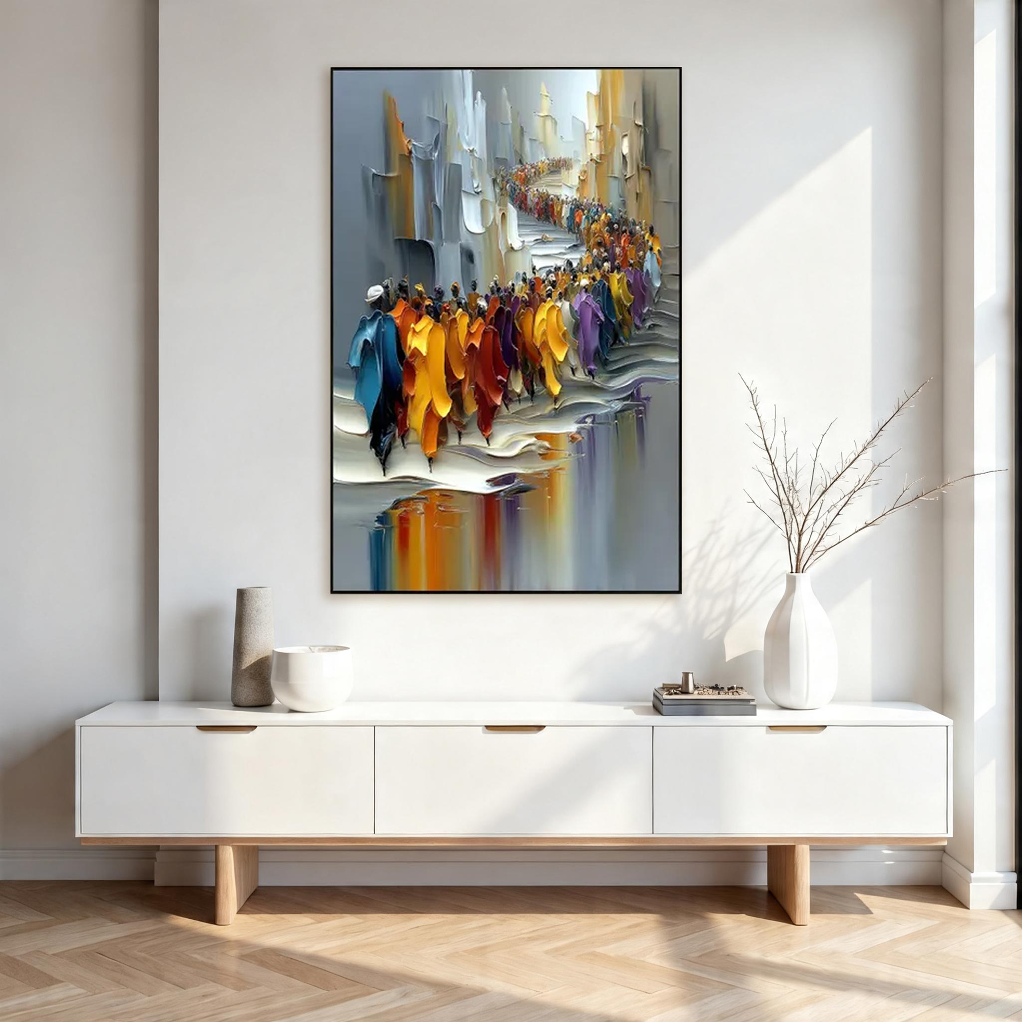 Large Colorful Crowd Procession Canvas Painting #CP035