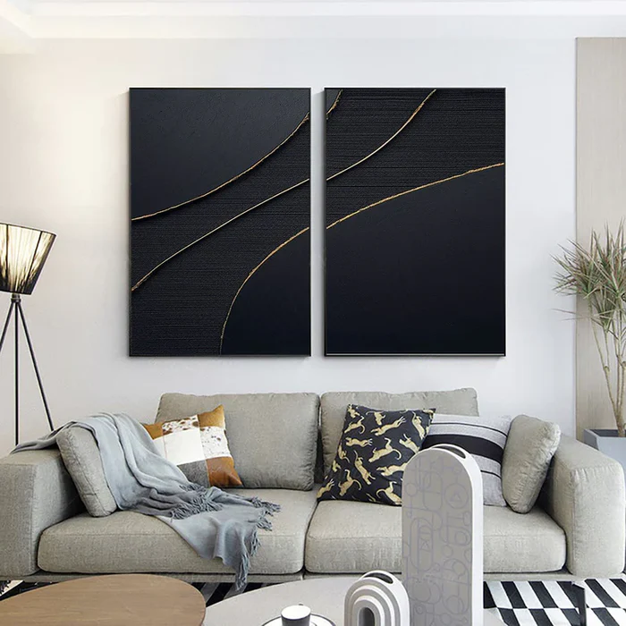 Black Plaster Art Minimalist Textured Painting Set of 2 #BT012