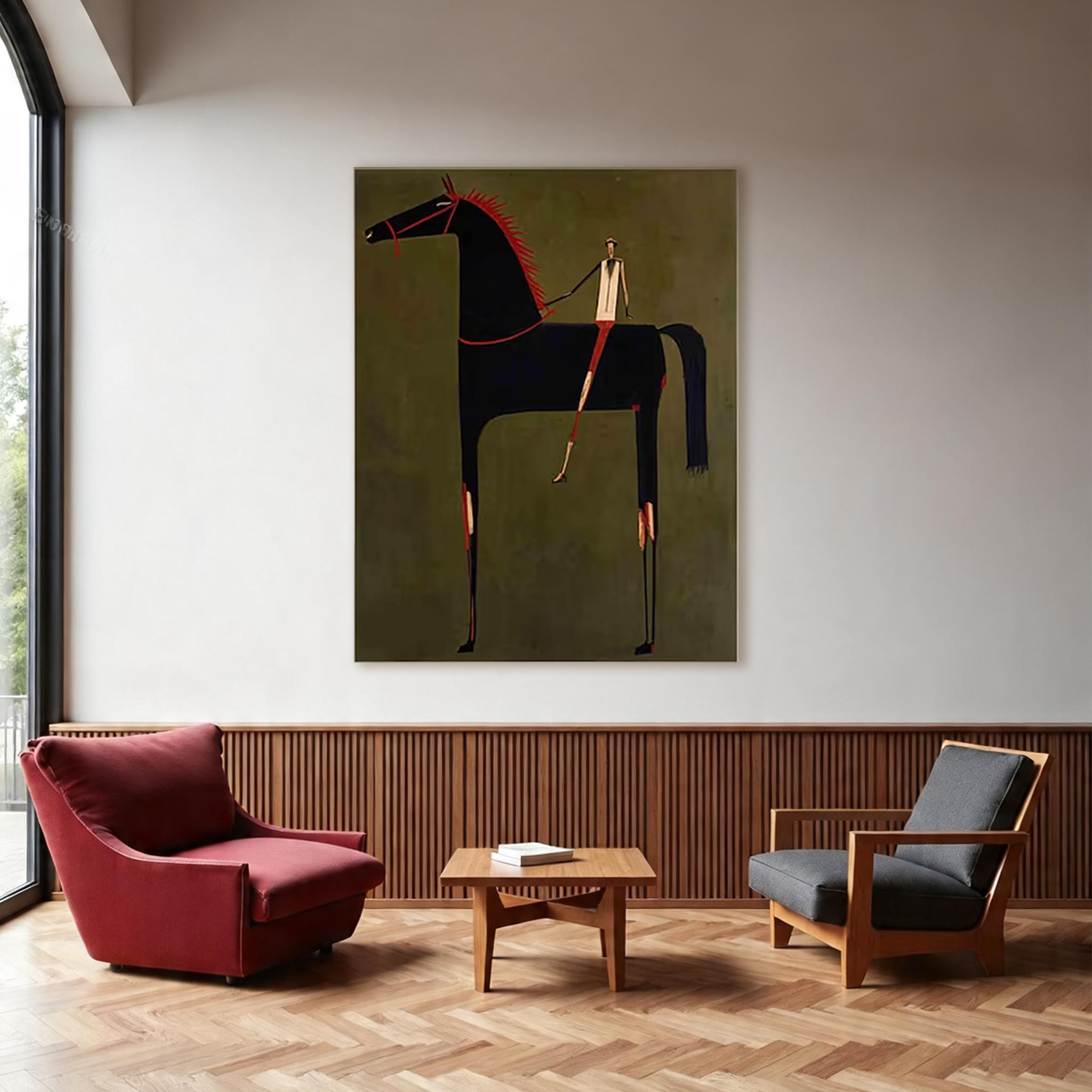 Minimalist Black Horse Wall Art – Modern Equestrian Canvas Painting with Red Accents #HA021