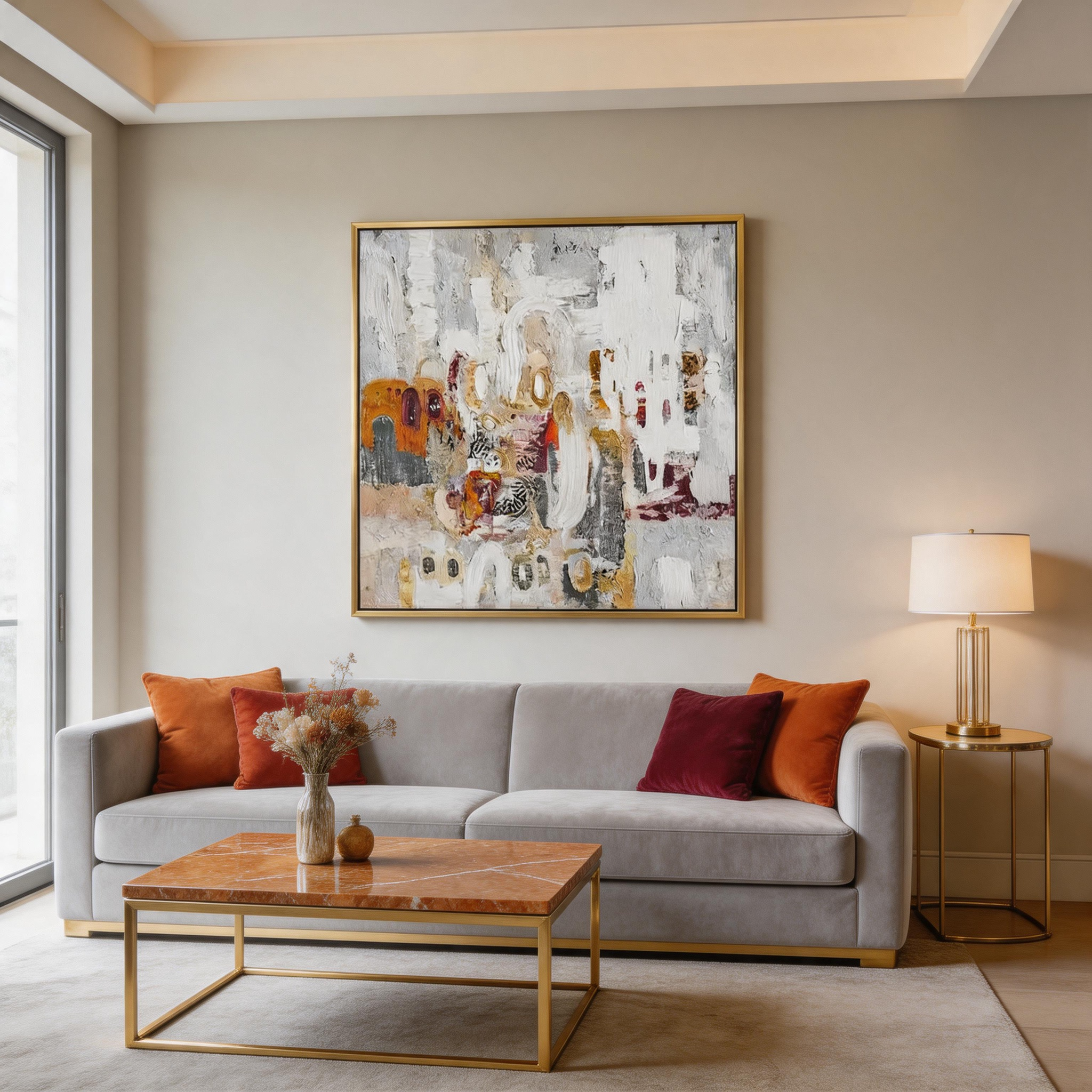 Warm Chaos — Abstract Impasto Canvas Wall Art in White, Gold & Burnt Orange #GT008