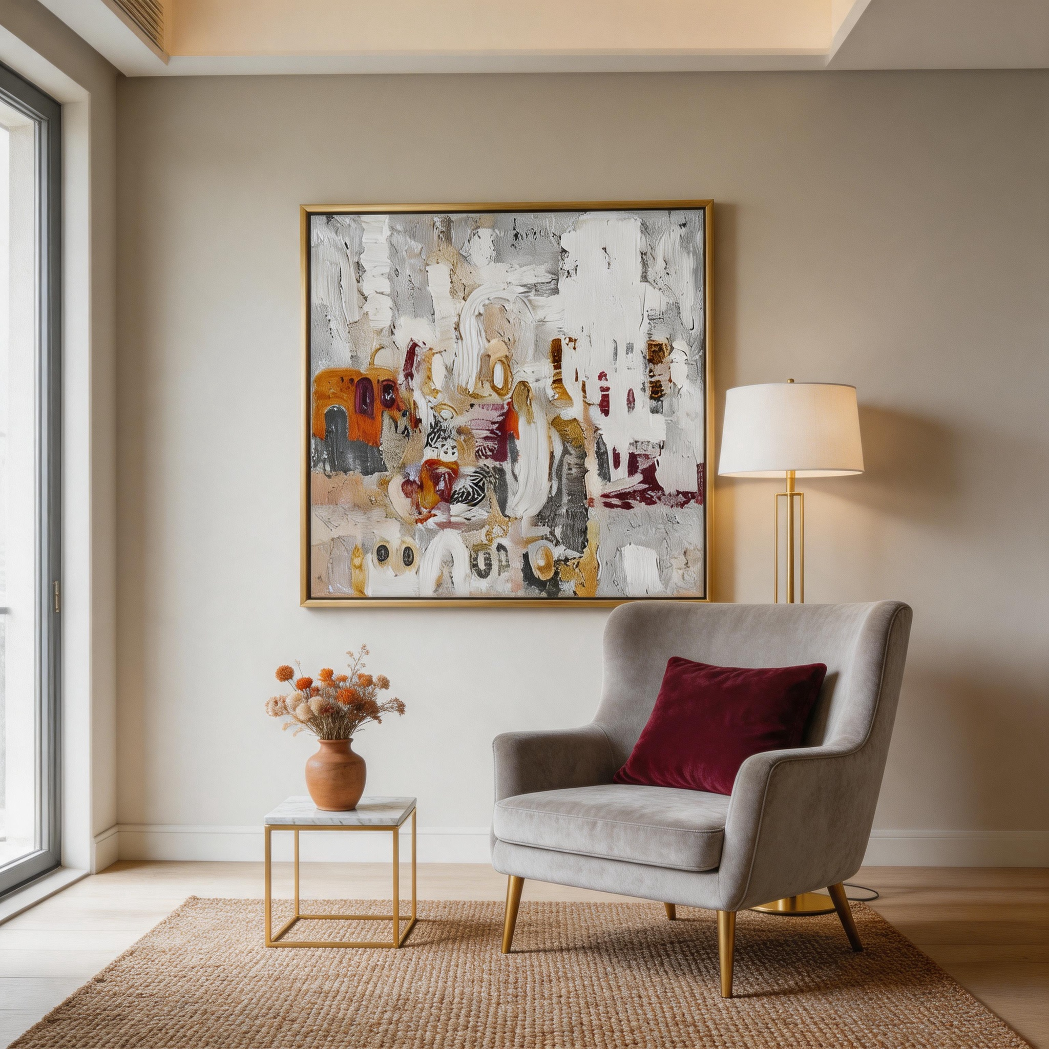 Warm Chaos — Abstract Impasto Canvas Wall Art in White, Gold & Burnt Orange #GT008