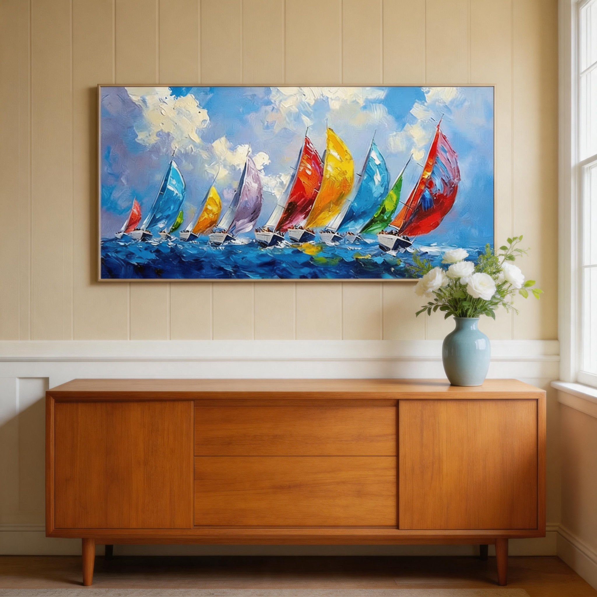 Full Sail — Colourful Regatta Impasto Canvas Wall Art #CP044