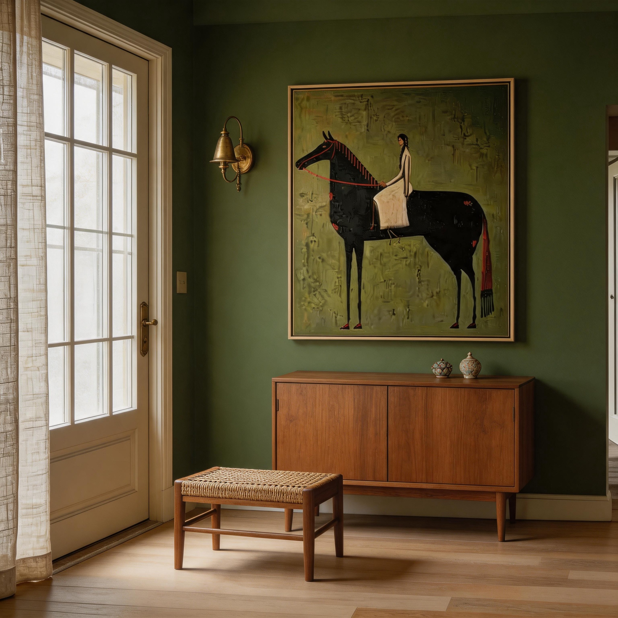 She Rides at Dusk — Abstract Equestrian Woman & Black Horse Canvas Wall Art #HA028