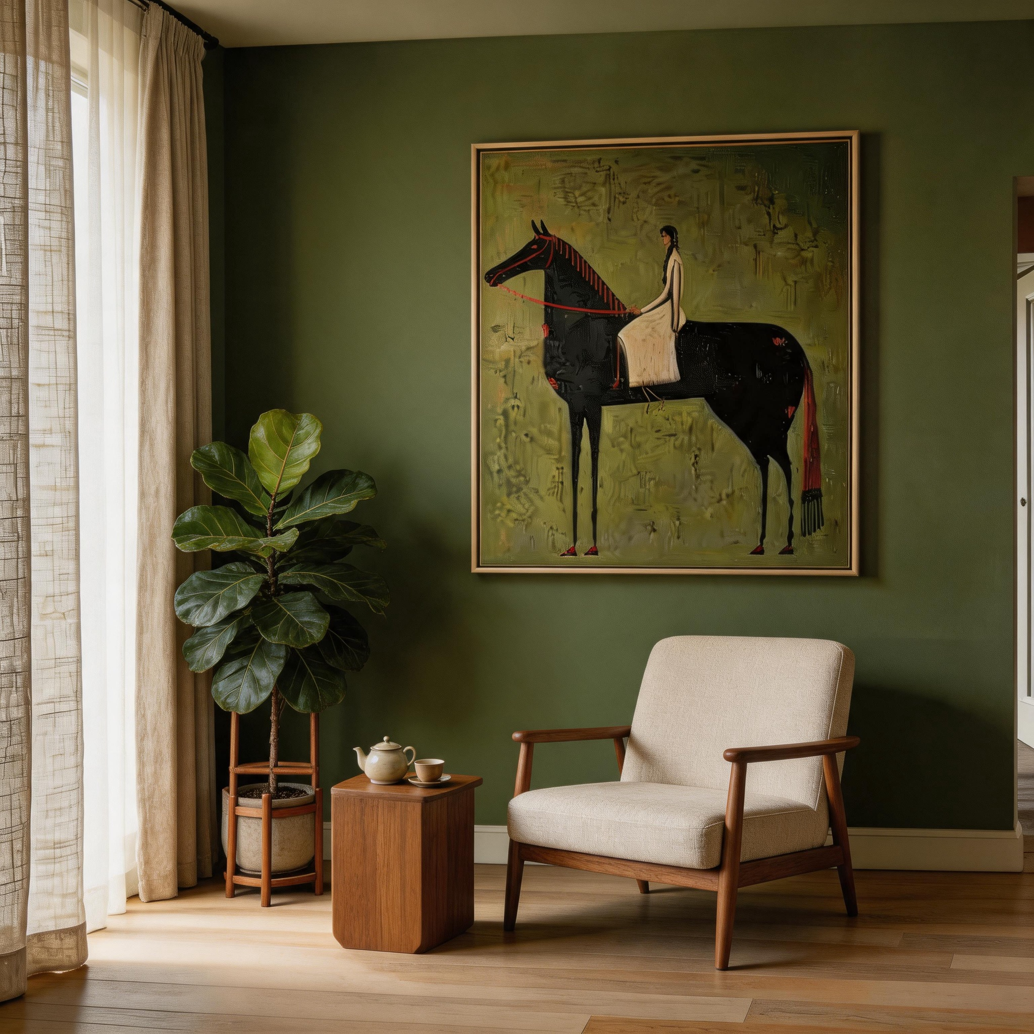 She Rides at Dusk — Abstract Equestrian Woman & Black Horse Canvas Wall Art #HA028