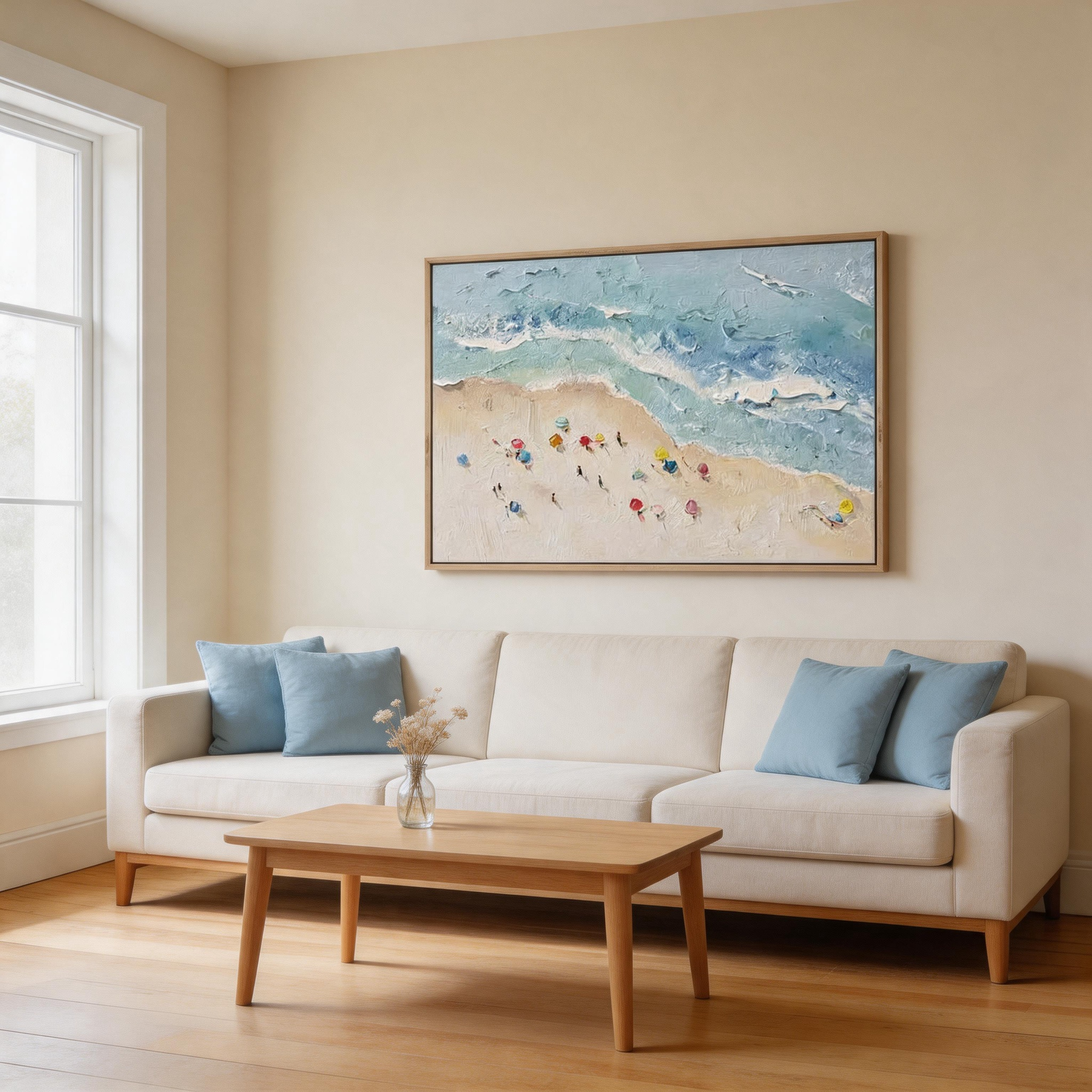 Summer Shore — Aerial Beach Impasto Canvas Wall Art with Colourful Umbrellas #CP049