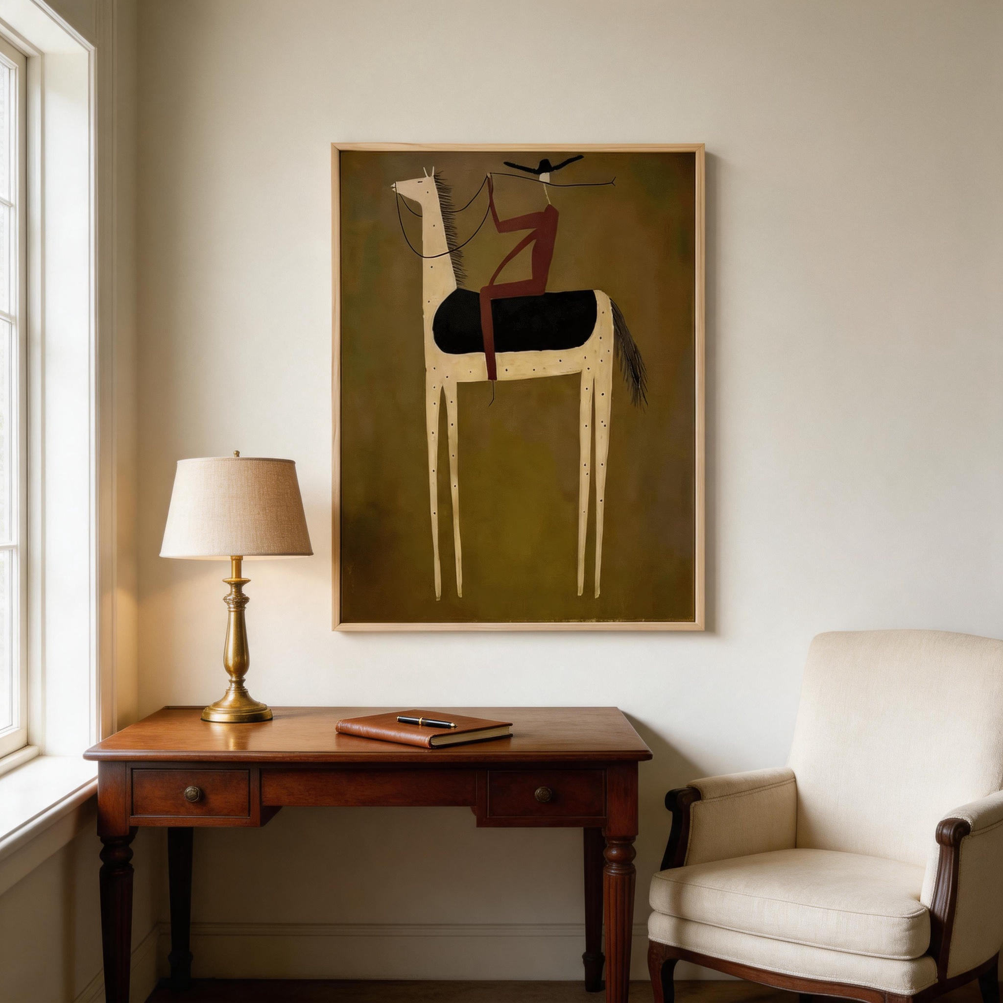 The Acrobat — Folk Art Equestrian Canvas Wall Art on Dark Olive Green #HA034