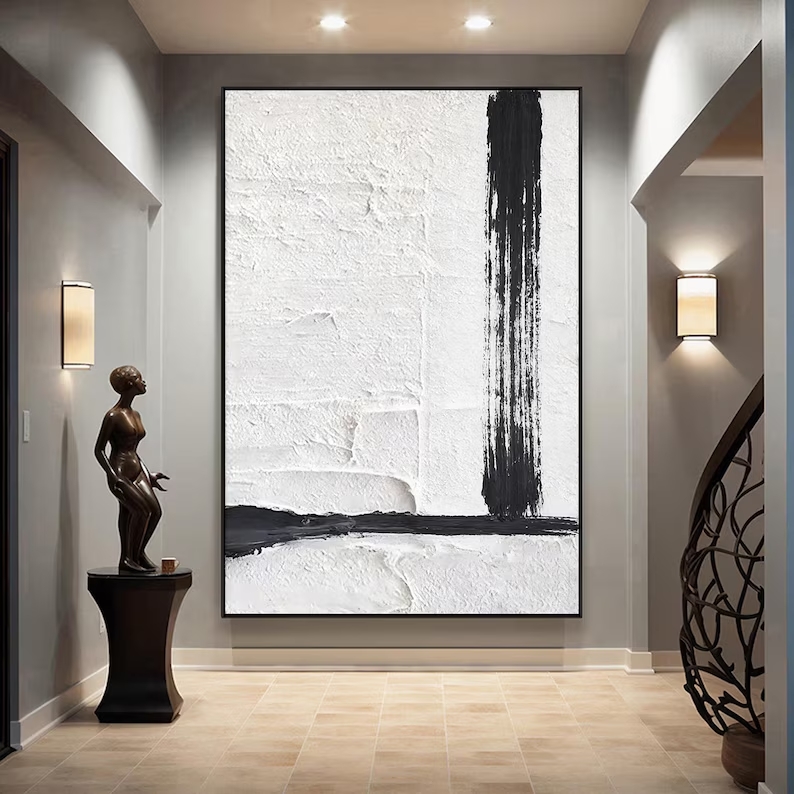 Black & White Minimalist Textured Canvas Painting — Original Large Abstract Wall Art #CP038