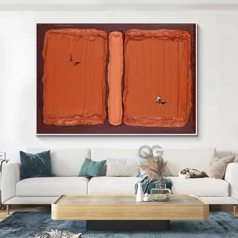 Textured Abstract Wall Art with Figures – Modern Orange Canvas Painting #CP018