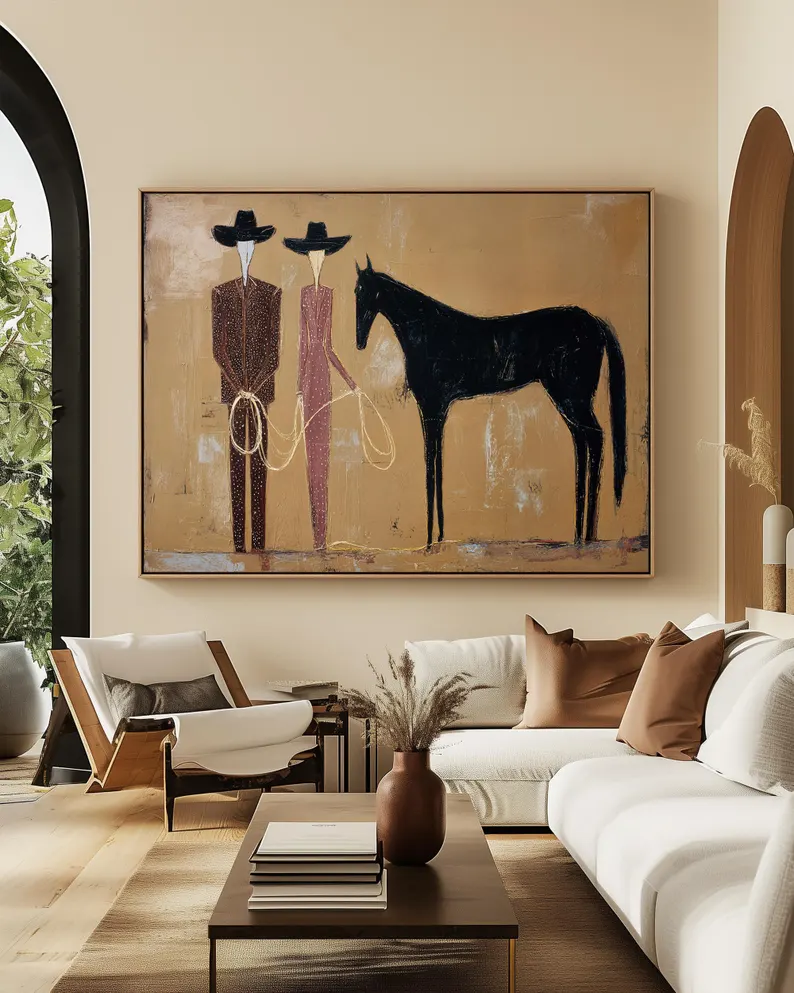 Abstract Cowboy Couple & Horse Wall Art – Western Style Canvas Painting #HA018