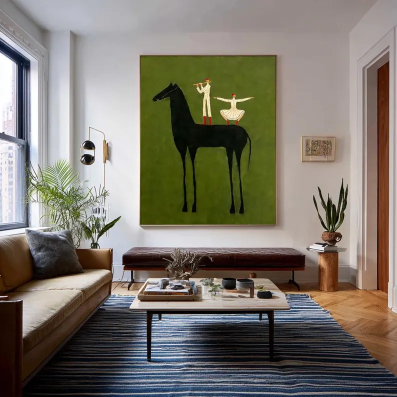 Minimalist Black Horse Wall Art – Artistic Equestrian Canvas with Dancing Figures #HA022