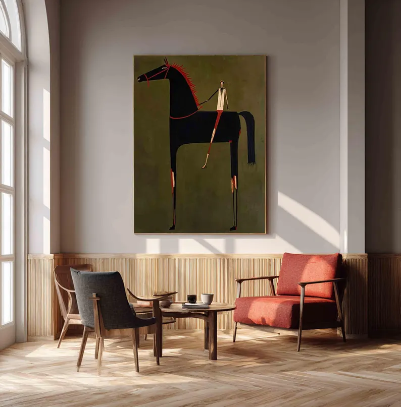 Minimalist Black Horse Wall Art – Modern Equestrian Canvas Painting with Red Accents #HA021