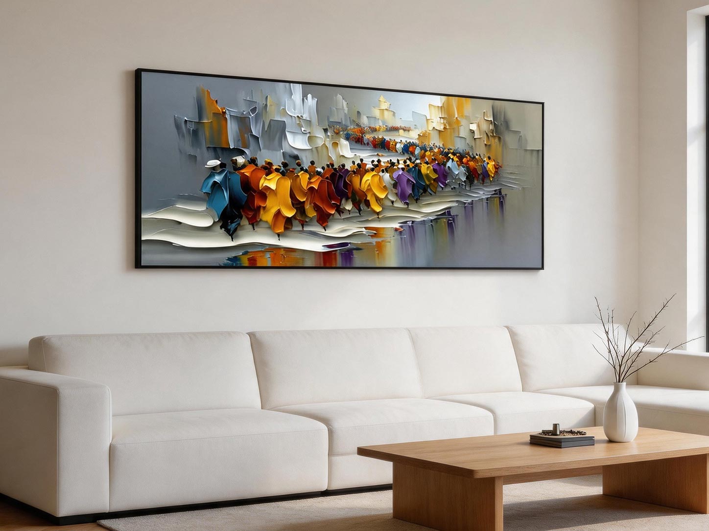 The March — Colourful Crowd Impasto Canvas Wall Art, Wide Format #CP055