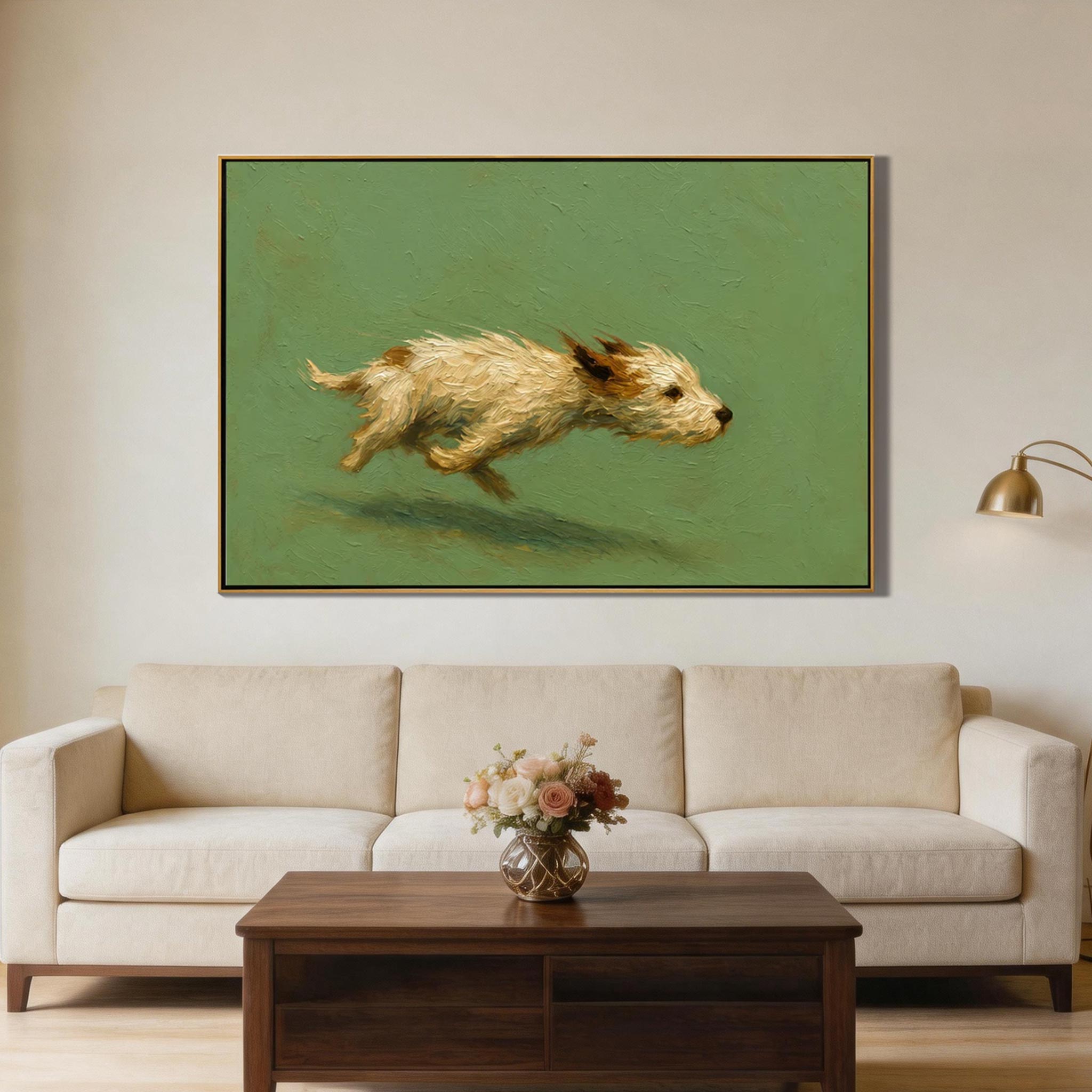 Full Speed — Running Terrier Impasto Canvas Wall Art on Sage Green #CP056