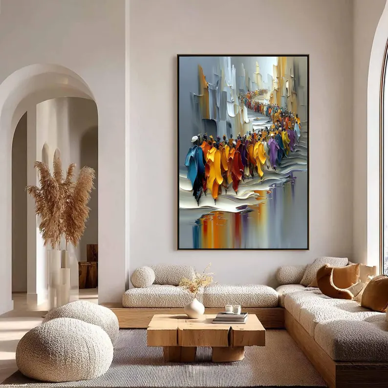 Large Colorful Crowd Procession Canvas Painting #CP035