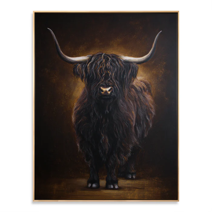 Highland Cow Wall Art – Dark Rustic Animal Canvas Painting #CP023