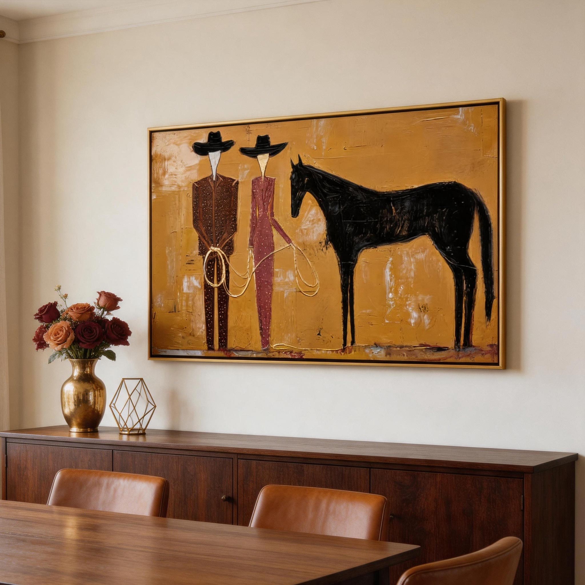 The Ranchers — Two Figures & Black Horse Canvas Wall Art #HA044