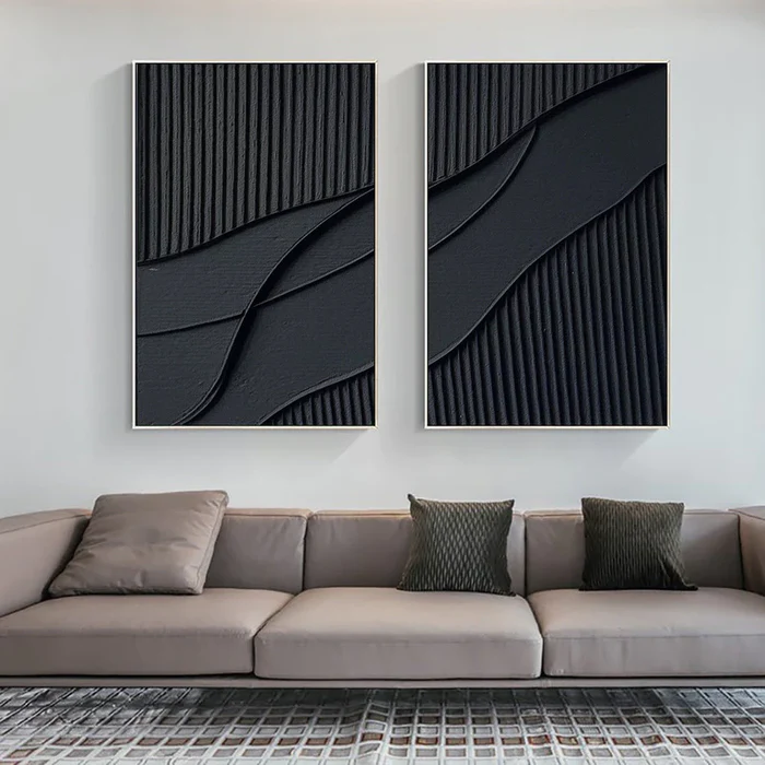 Black Plaster Art Minimalist Textured Painting Set of 2 #BT011