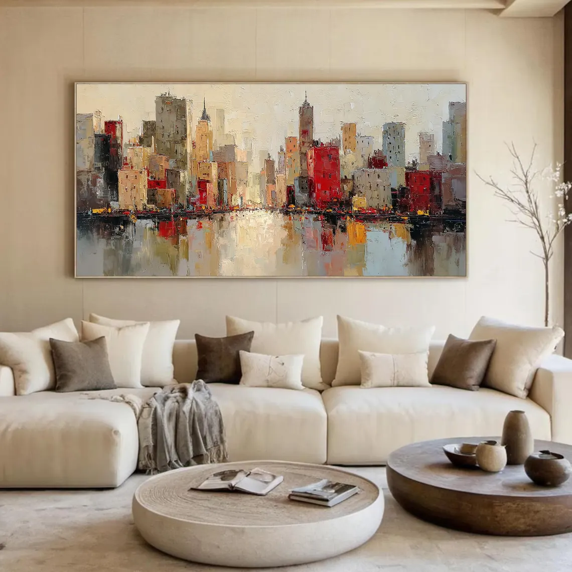 Manhattan in Bloom — Wide Format Palette Knife Cityscape Canvas with Red & Warm Tones #MA037