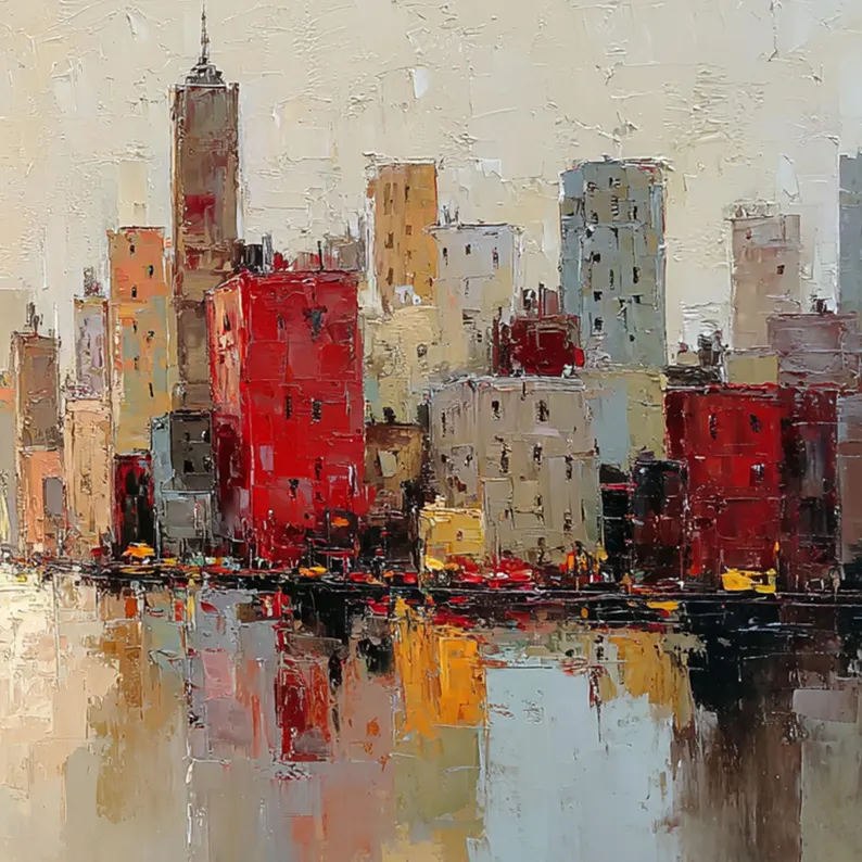 Manhattan in Bloom — Wide Format Palette Knife Cityscape Canvas with Red & Warm Tones #MA037