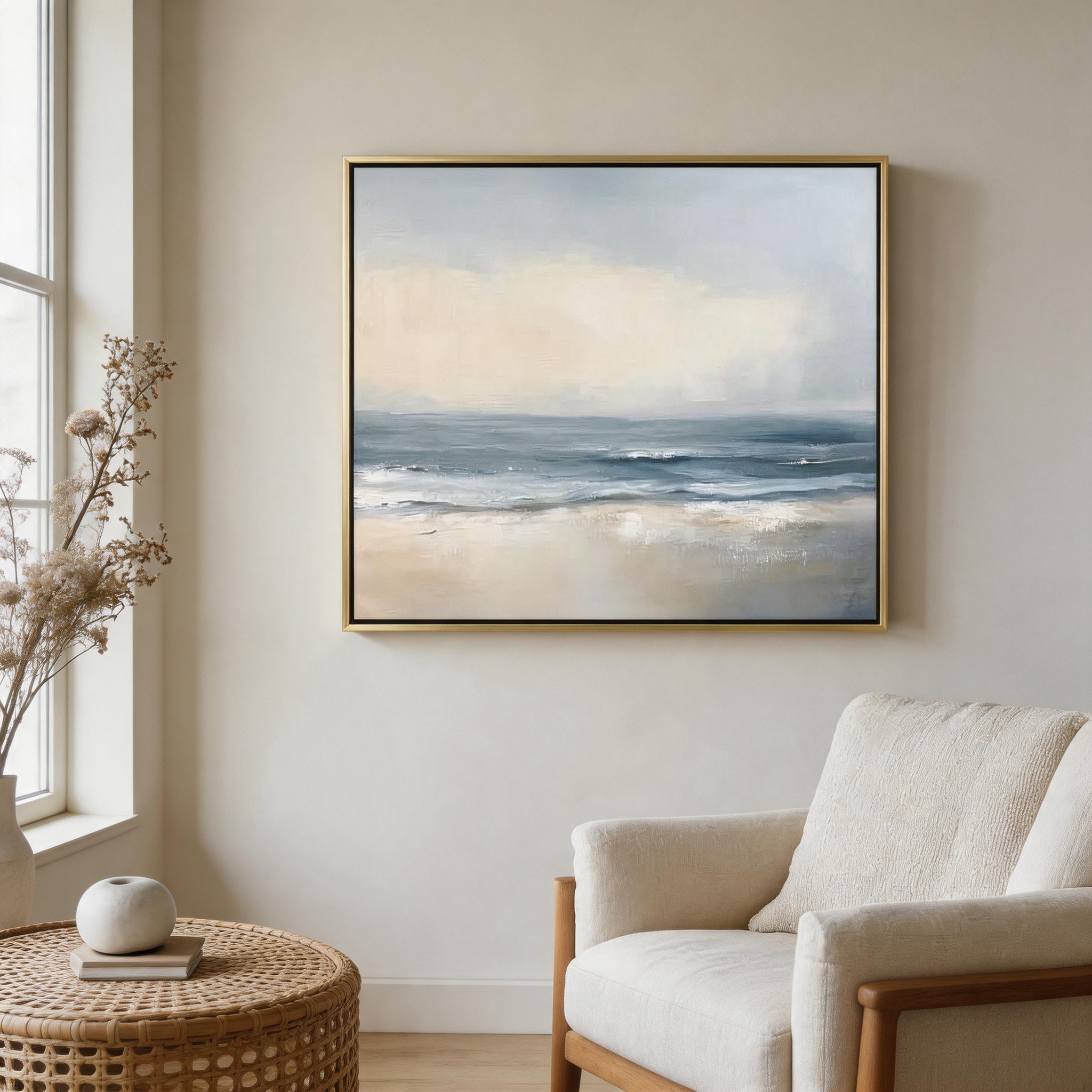 Quiet Sea — Moody Coastal Seascape Canvas Wall Art in Grey, Blue & Sand #CP052