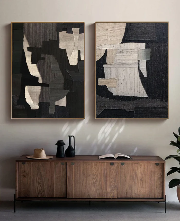 Black Plaster Art Minimalist Textured Painting Set of 2 #BT015