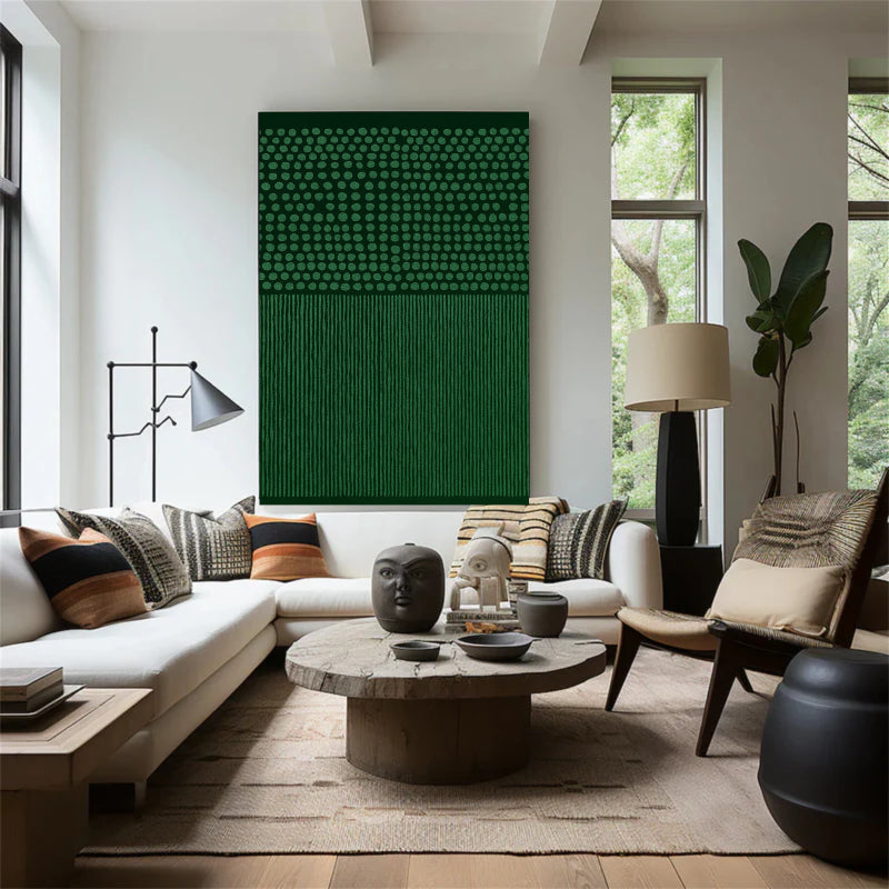 Dots & Lines — Emerald Green Textured Abstract Canvas Wall Art #SO010