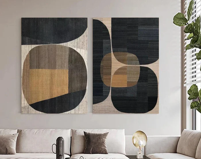 Black Plaster Art Minimalist Textured Painting Set of 2 #BT014