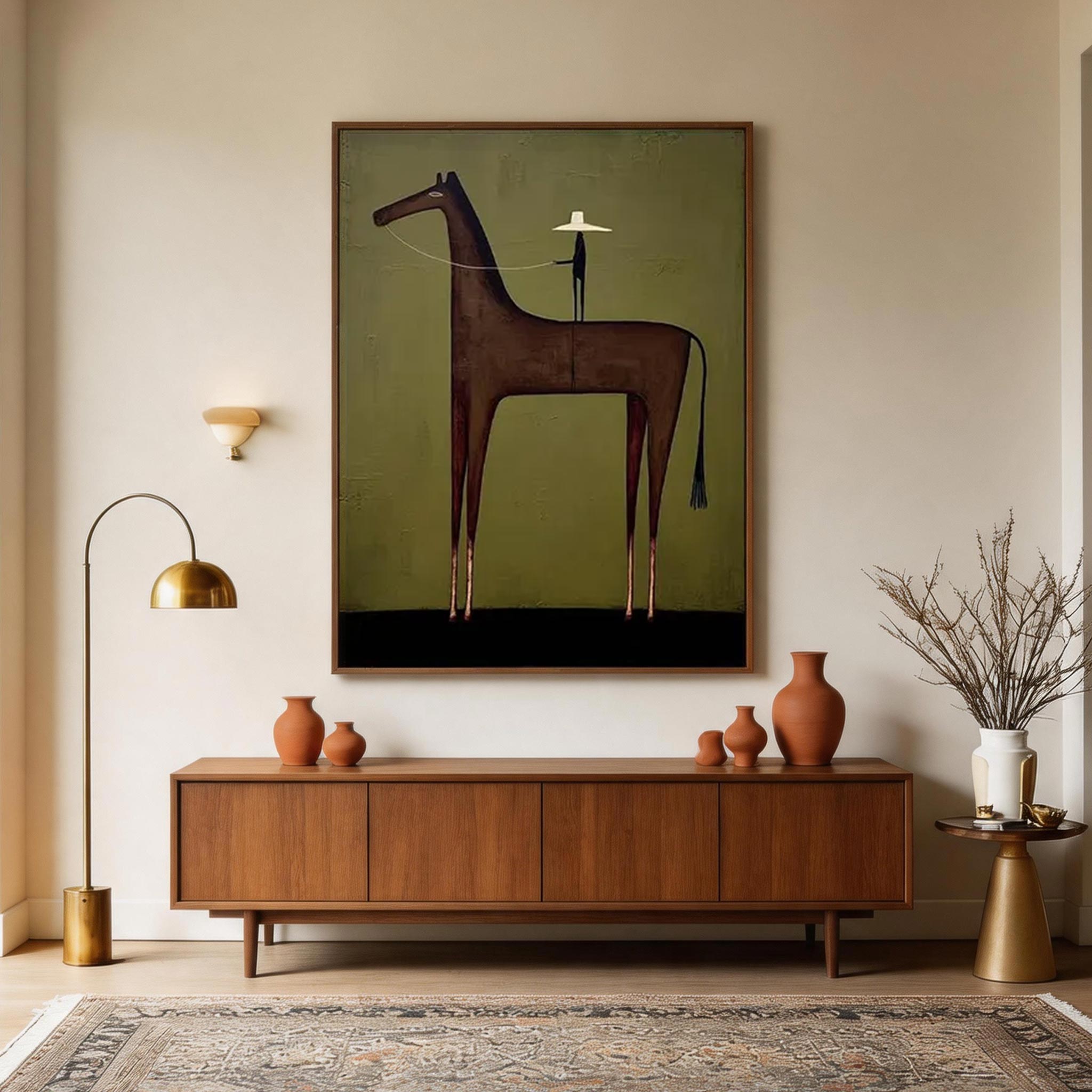 The Wrangler — Dark Horse & Hat Rider Folk Art Canvas Wall Art #HA038