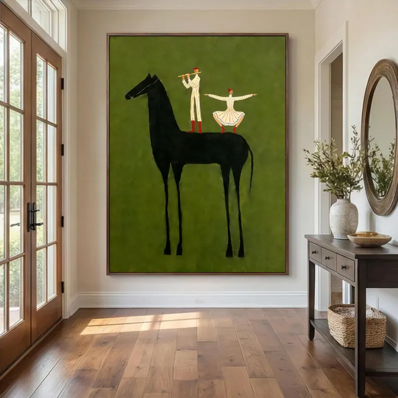 Minimalist Black Horse Wall Art – Artistic Equestrian Canvas with Dancing Figures #HA022