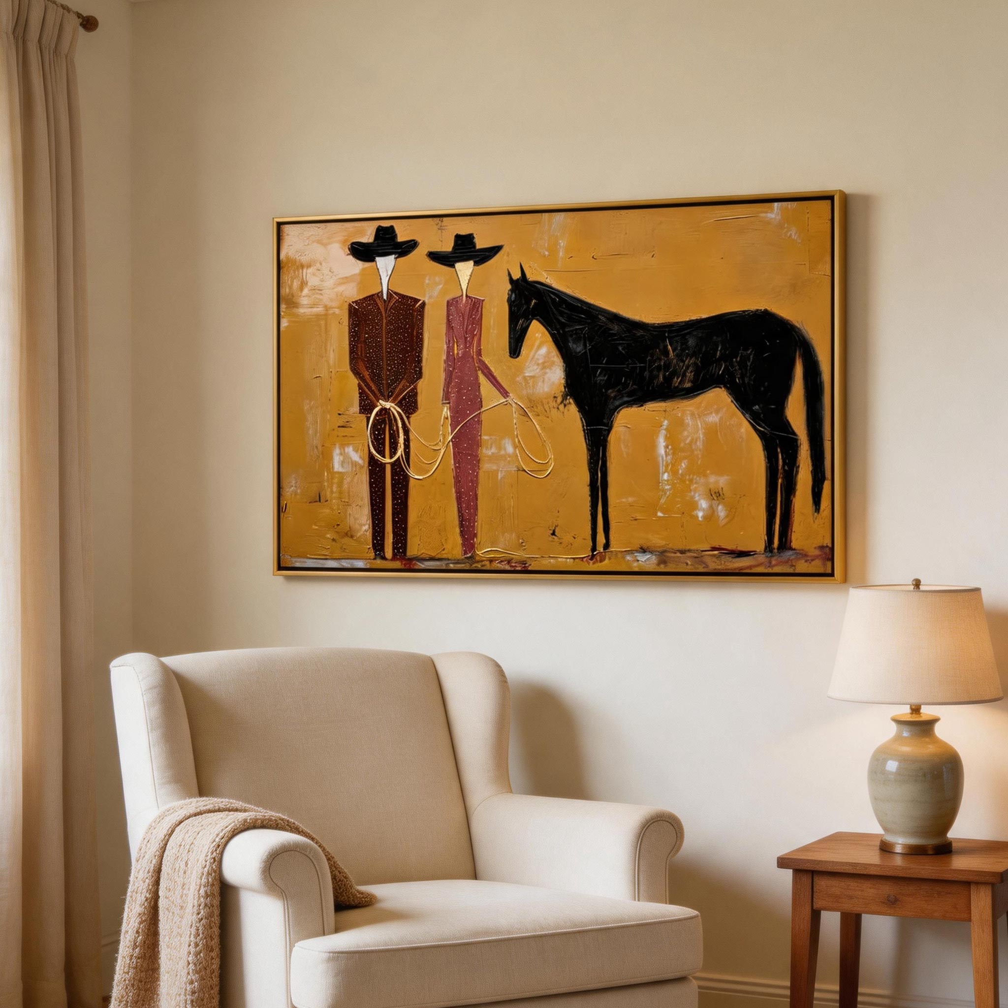 The Ranchers — Two Figures & Black Horse Canvas Wall Art #HA044