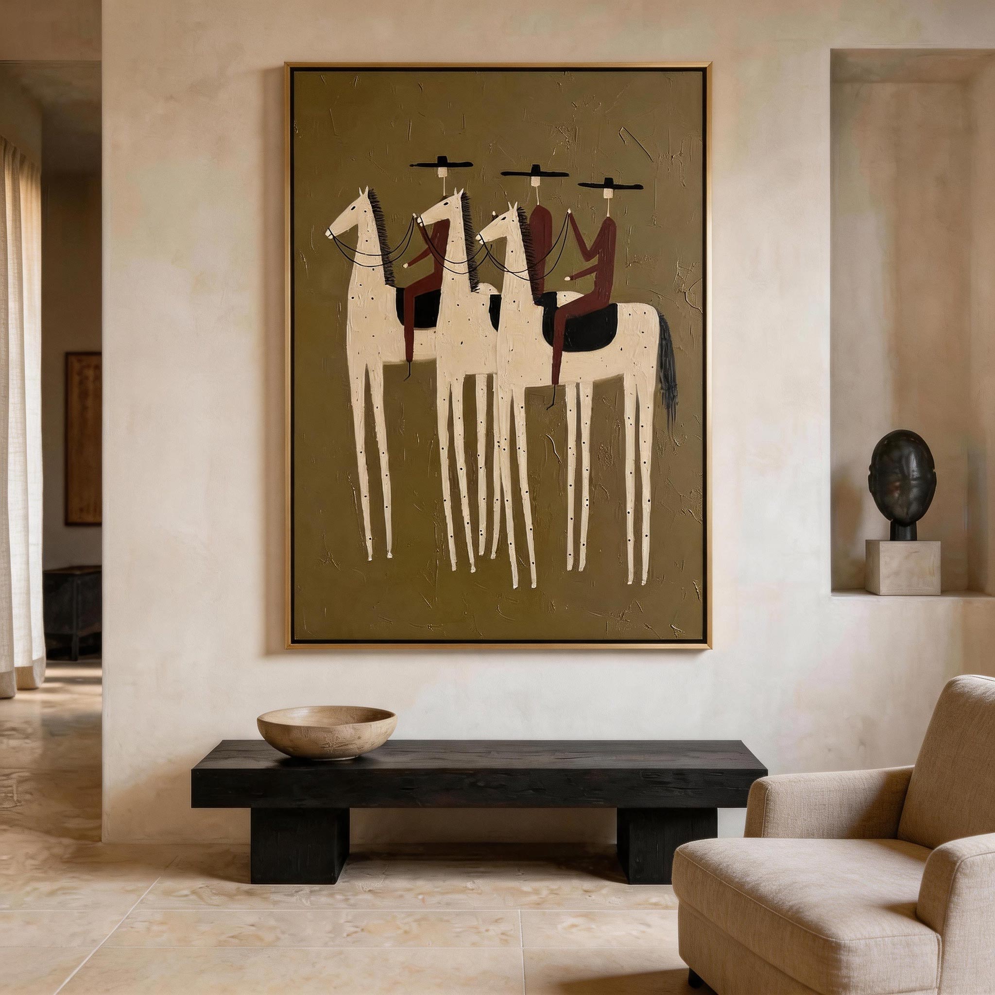 The Three Riders — Folk Art Equestrian Canvas Wall Art, Olive #HA045