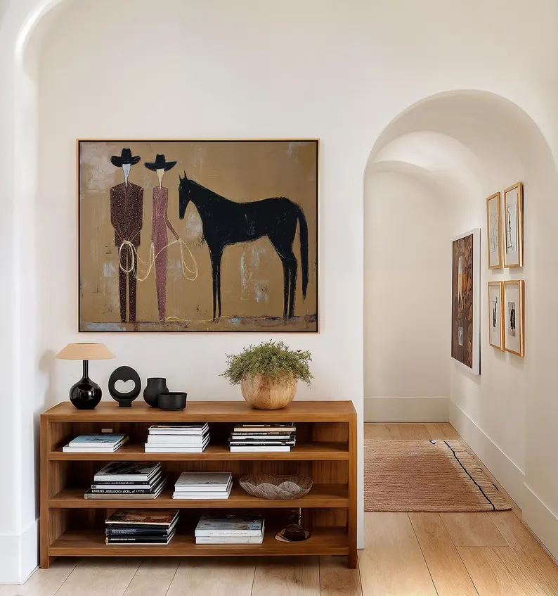 Abstract Cowboy Couple & Horse Wall Art – Western Style Canvas Painting #HA018