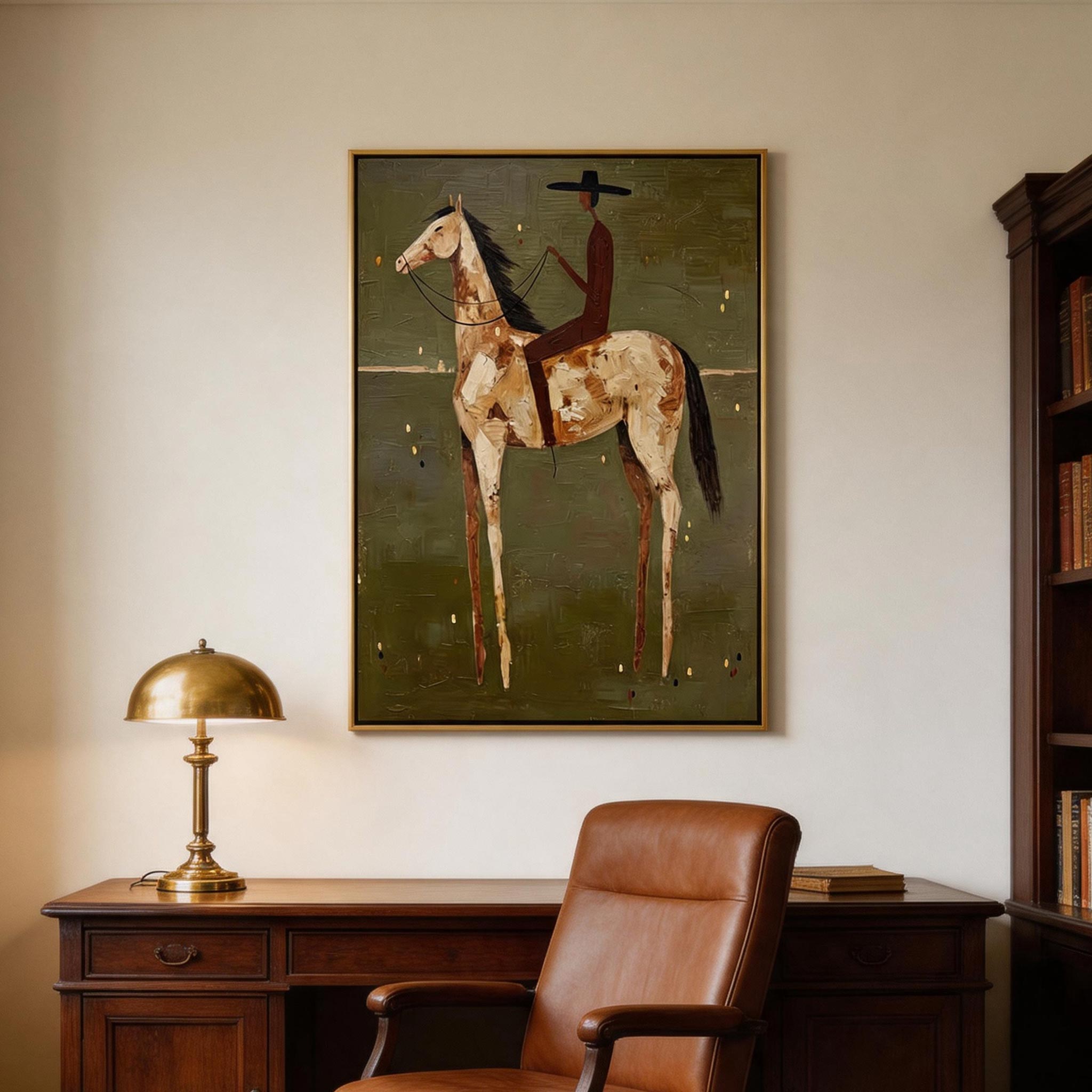 Paint Horse Rider — Folk Art Equestrian Canvas Wall Art, Olive #HA042