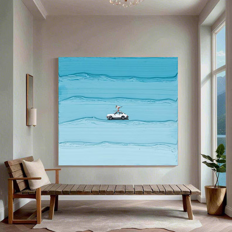 Open Road Textured Canvas Wall Art — Minimalist Car Painting on Sky Blue #PP004