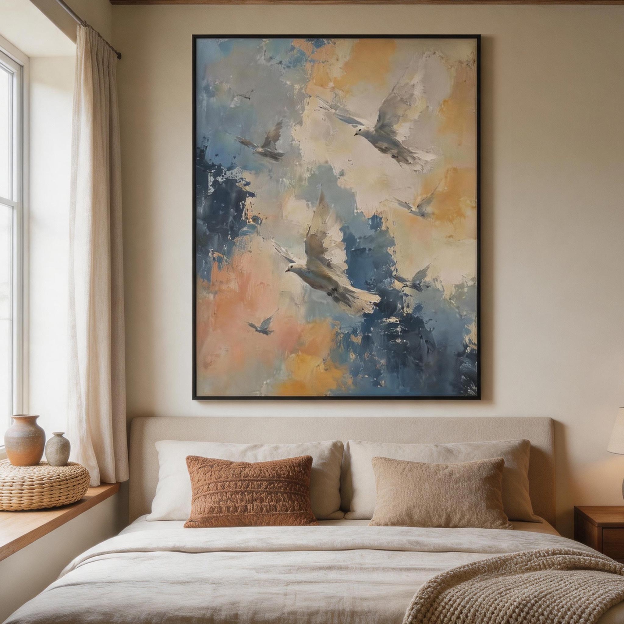 Taking Flight — Abstract Birds Canvas Wall Art in Blue & Gold #AB017