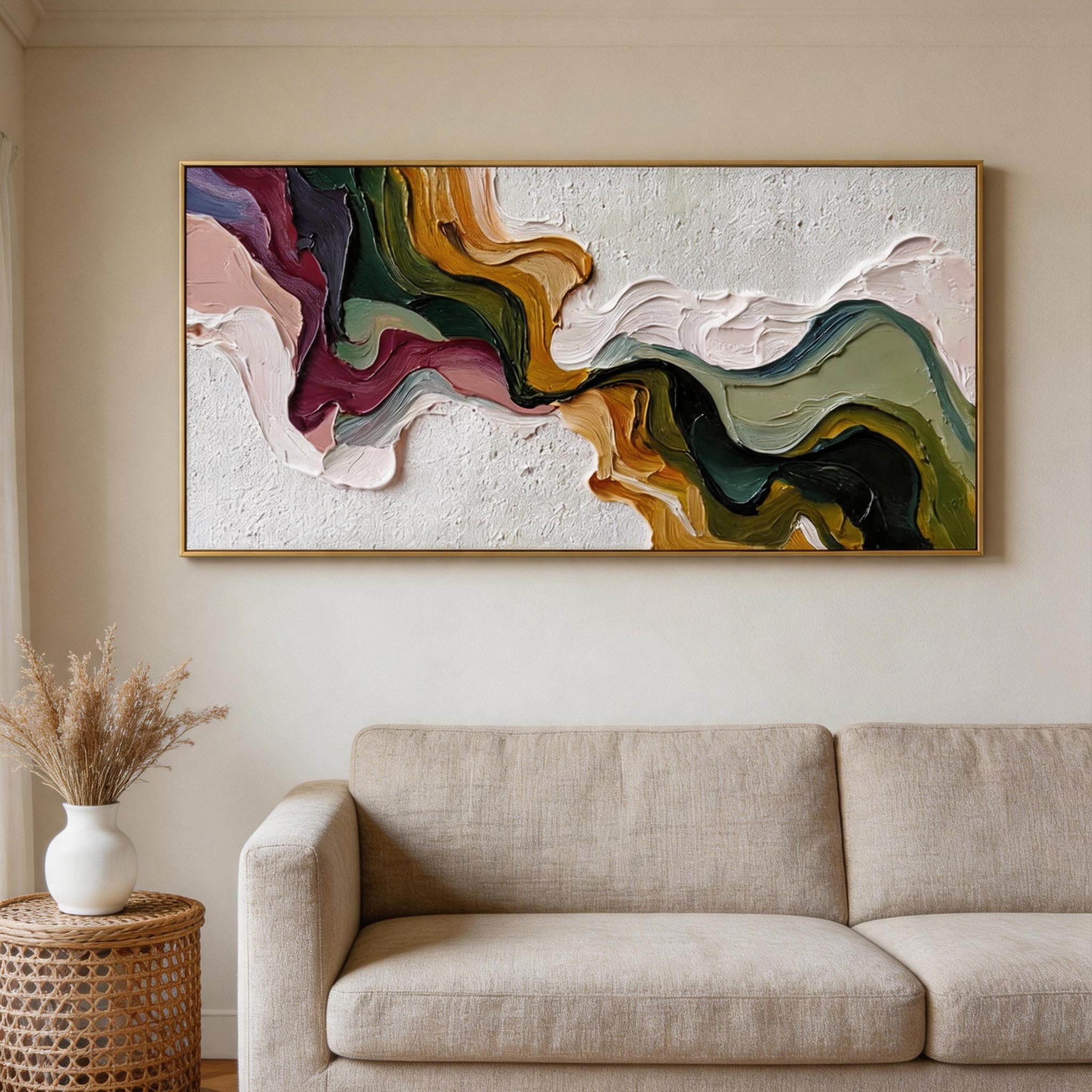 Colour Current — Abstract Wave Impasto Canvas Wall Art, Wide Format #AB019