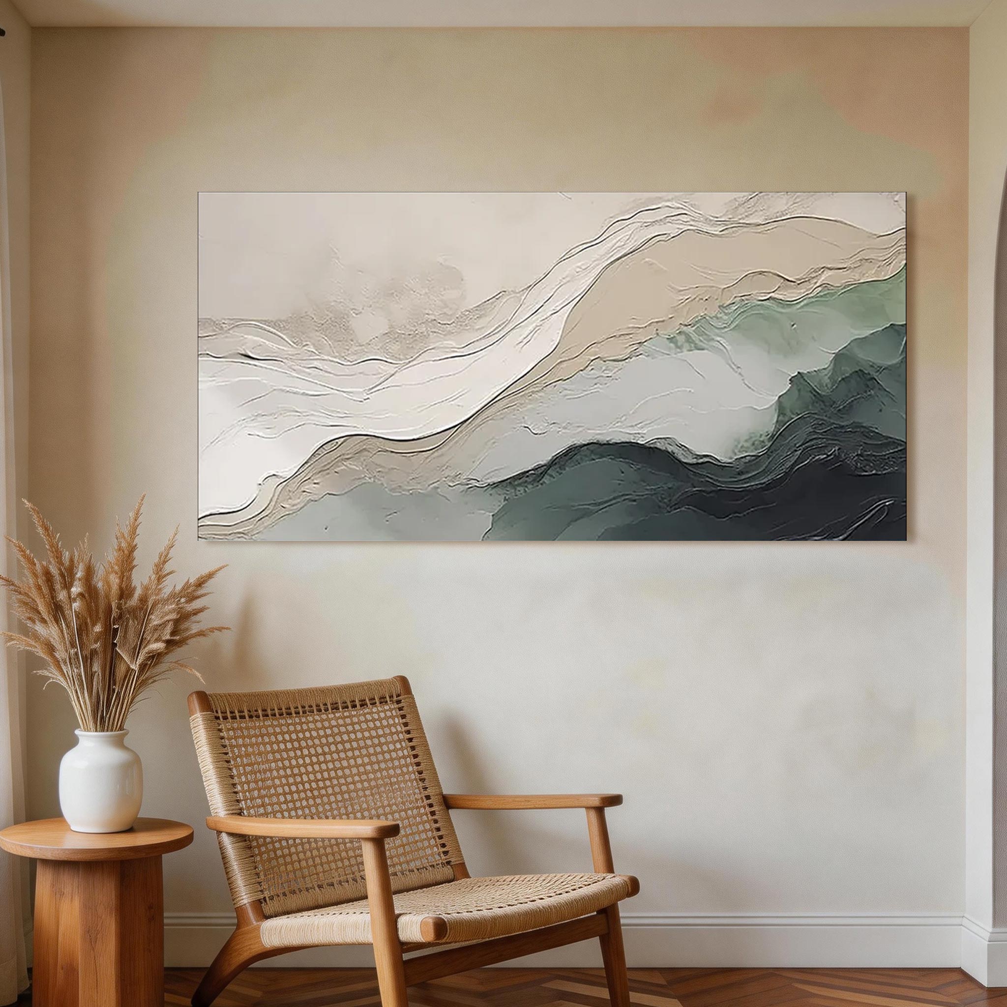 Tidal Layers — Abstract Landscape Canvas Art, Ivory & Sage Teal #AB020