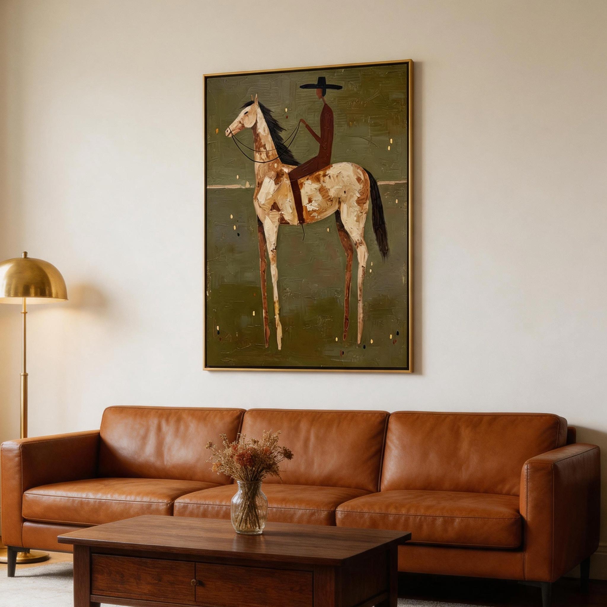 Paint Horse Rider — Folk Art Equestrian Canvas Wall Art, Olive #HA042