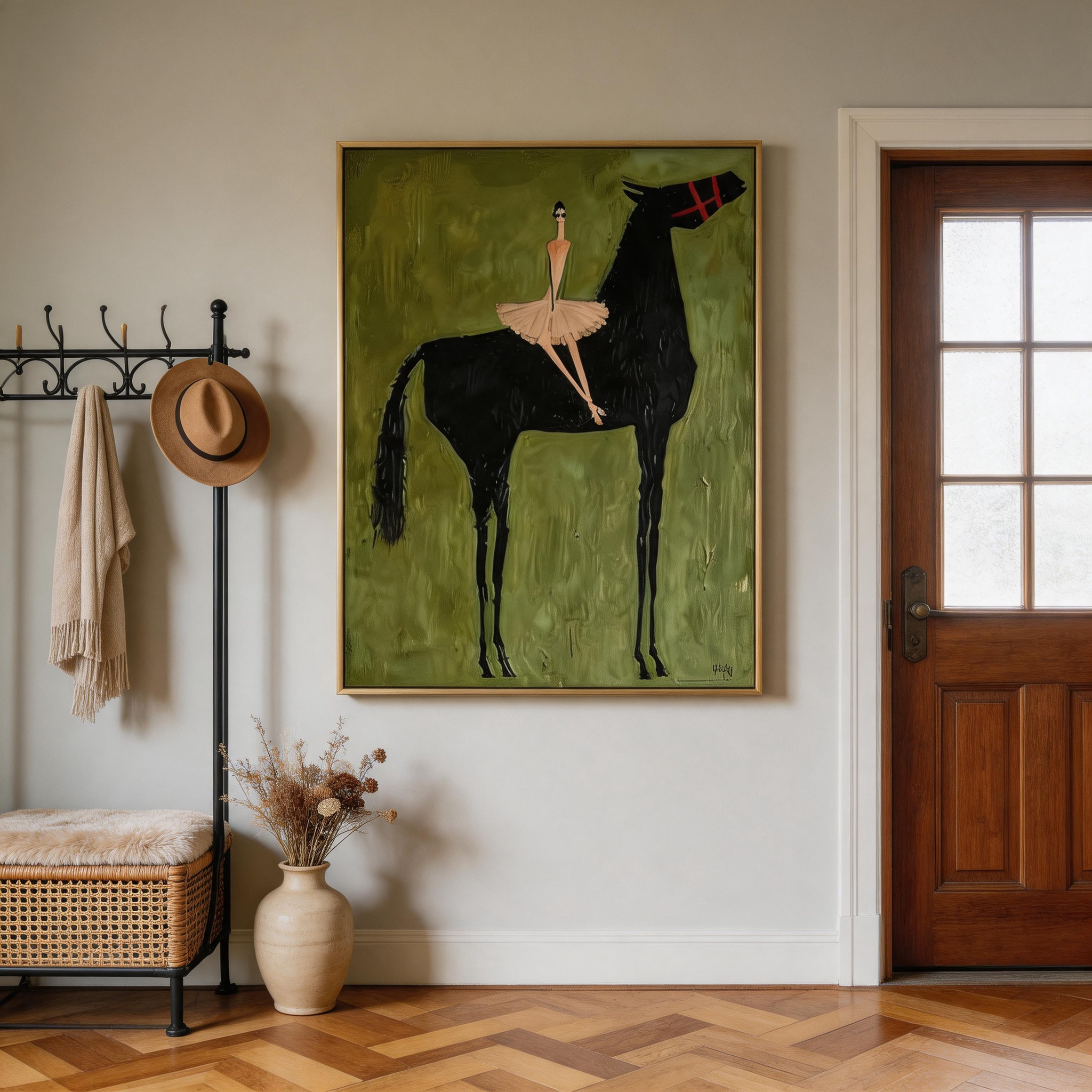 The Ballerina & the Black Horse — Whimsical Folk Art Canvas Wall Art #HA030