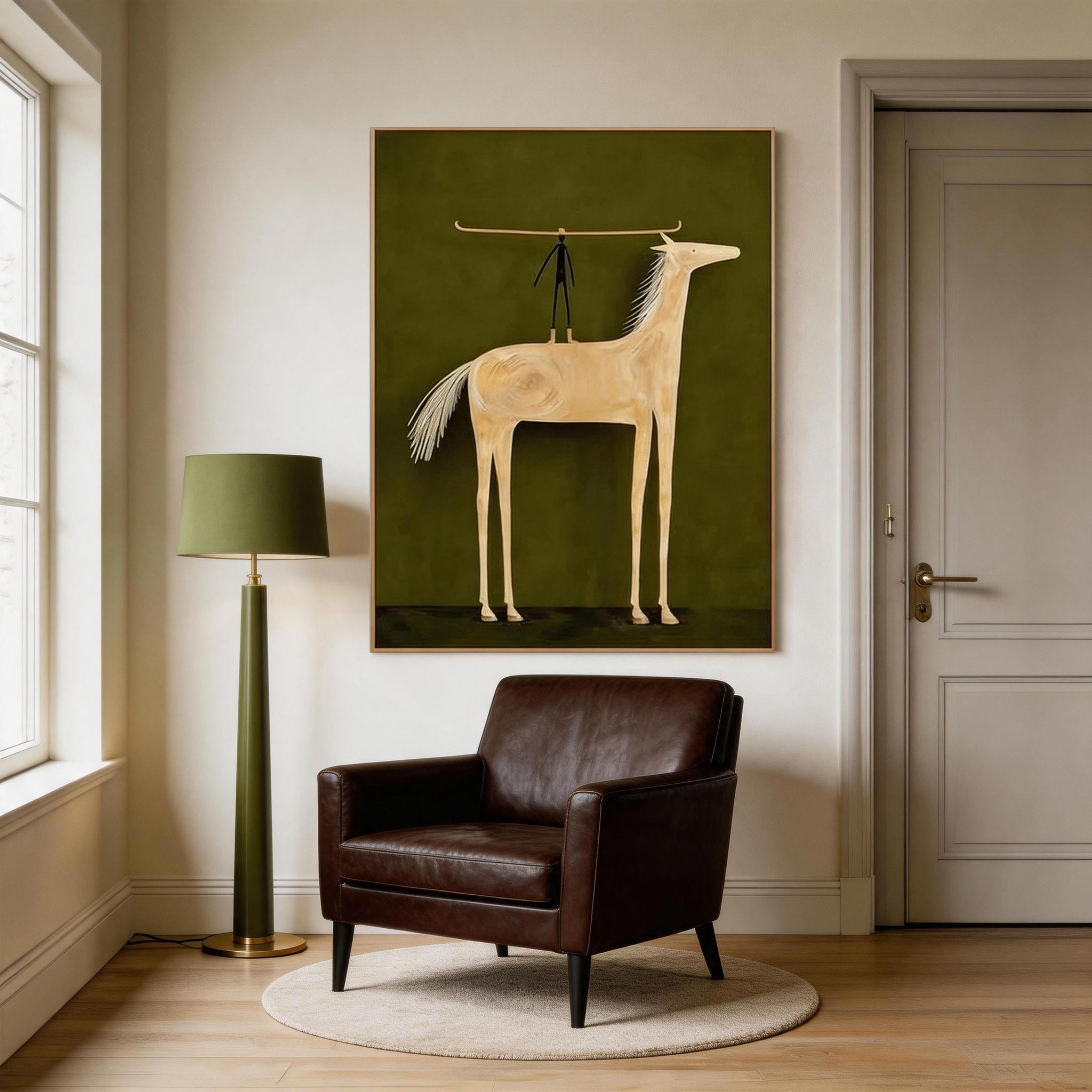 Balance — Primitive Stick Figure & Cream Horse Canvas Wall Art on Olive Green #HA037