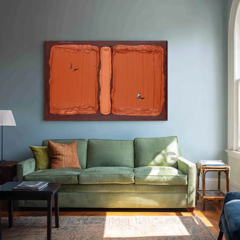 Textured Abstract Wall Art with Figures – Modern Orange Canvas Painting #CP018