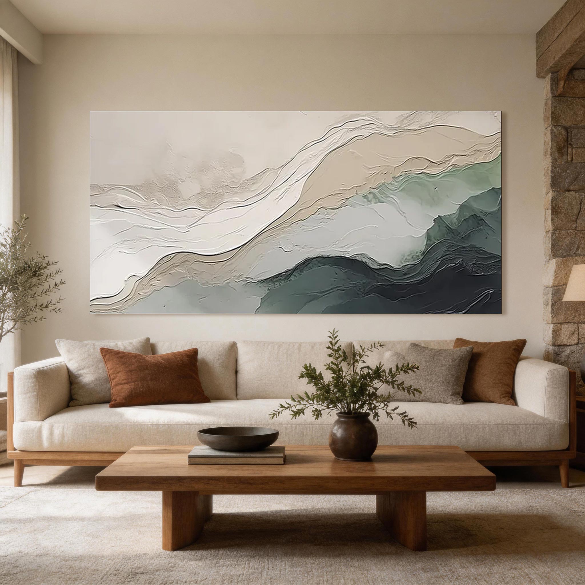 Tidal Layers — Abstract Landscape Canvas Art, Ivory & Sage Teal #AB020