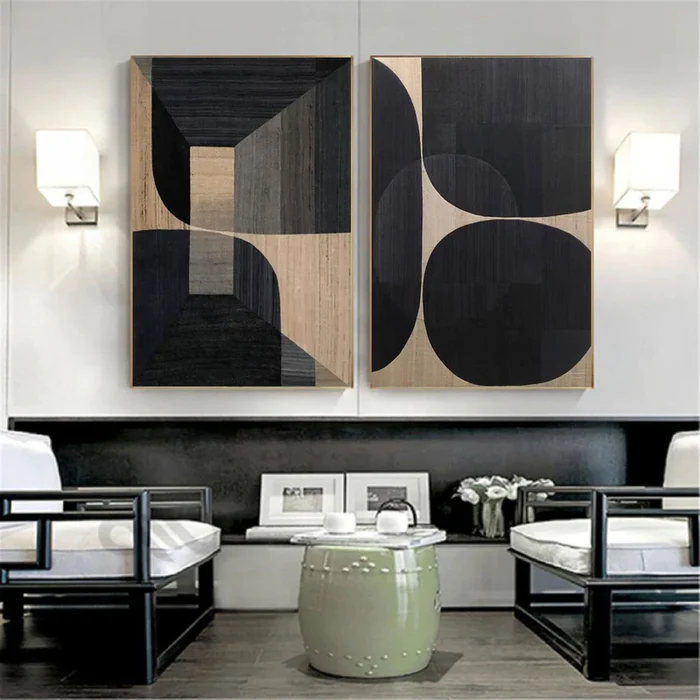 Black Plaster Art Minimalist Textured Painting Set of 2 #BT017