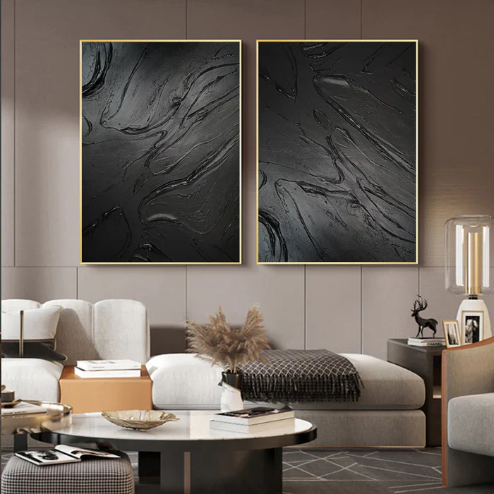 Black Plaster Art Minimalist Textured Painting Set of 2 #BT018