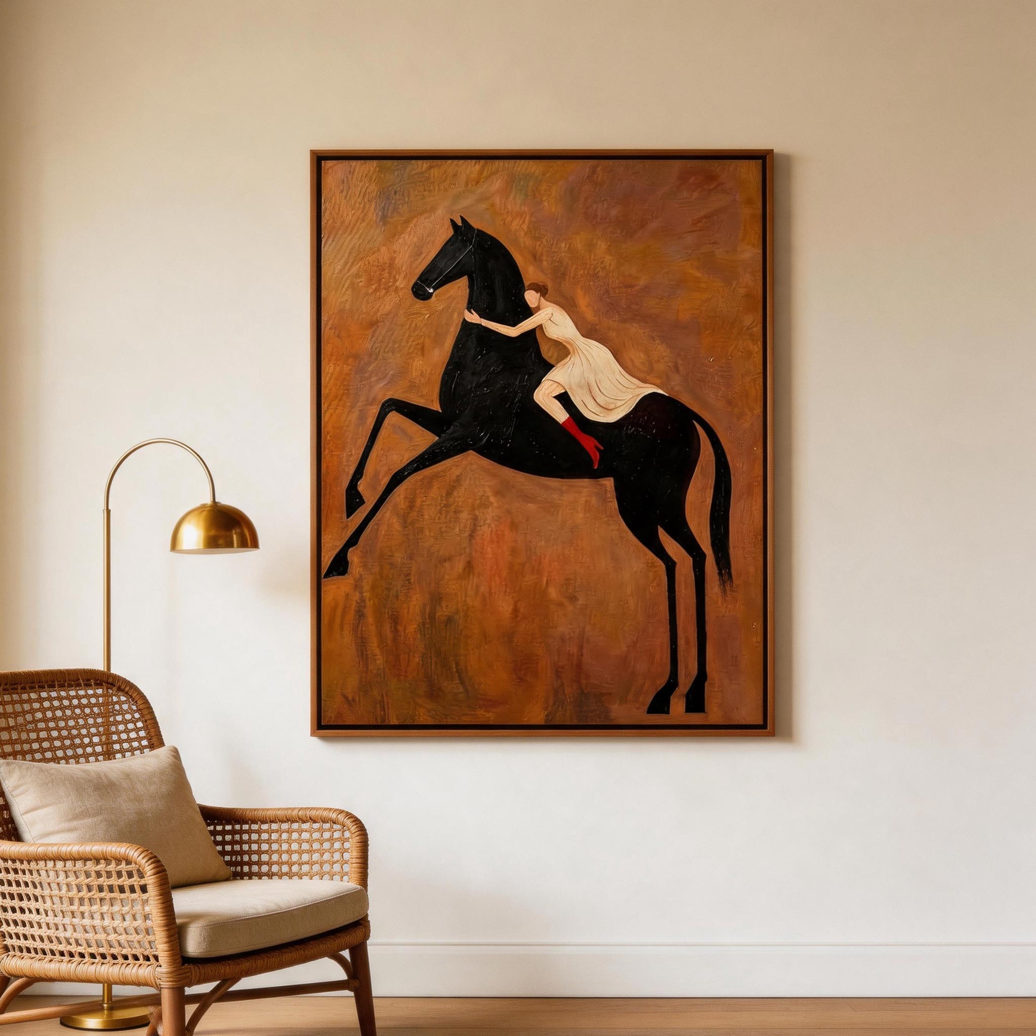The Leap — Woman & Rearing Black Horse Canvas Wall Art #HA041
