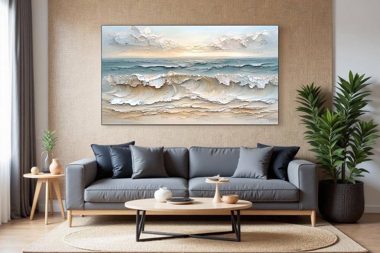 Textured Ocean Wave Wall Art Canvas – Soft Neutral Coastal Seascape Painting #GT002