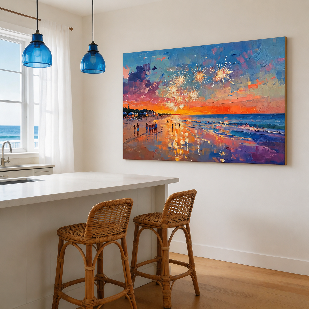 Beach Fireworks Canvas Wall Art #BC006